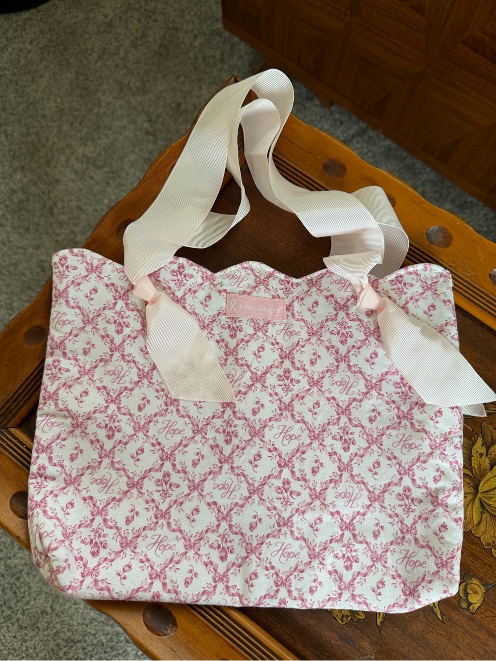 Longaberger Pink Floral Hope Tote with Ribbon Straps
